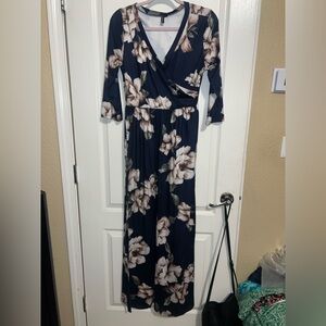 Floral Wrap Maxi Dress in Navy with Cream Blooms